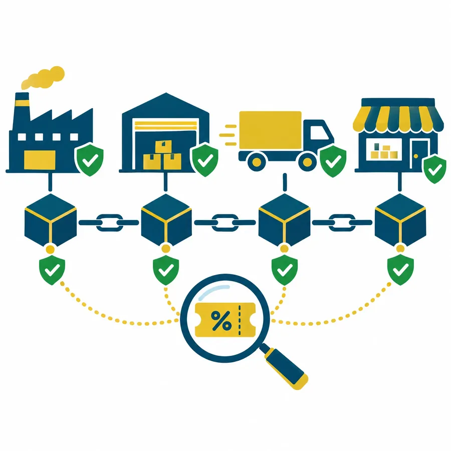 Coupon tracked along a blockchain from factory to shop
