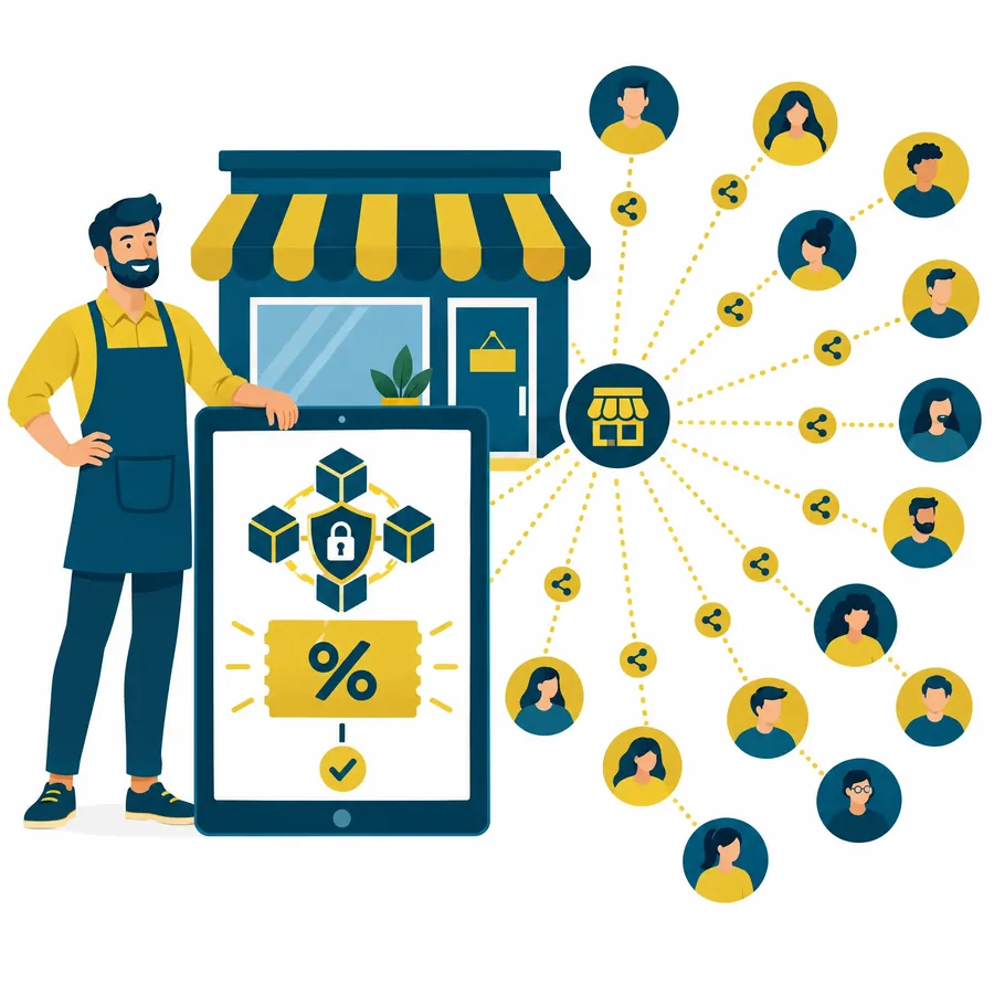 Vendor running a blockchain coupon campaign that spreads through referrals